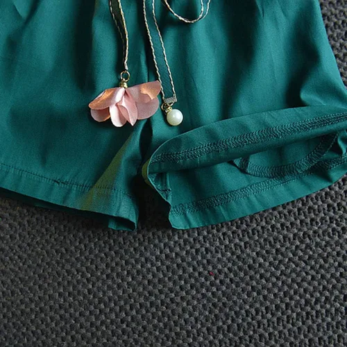 Vista 6 de Conjunto de ropa de verano para bebés y niñas de 2 a 7 años con estampado de flores y pantalones cortos con cinturón