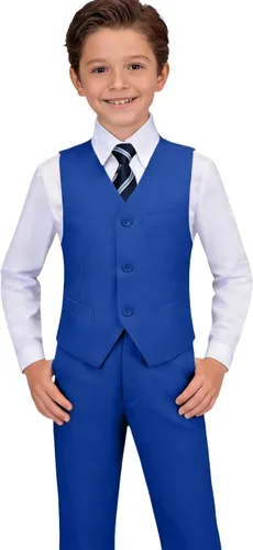 Vista 9 de Visaccy Traje formal para niños, traje de esmoquin ajustado para niños Traje negro corbata azul cuadros (4 piezas)