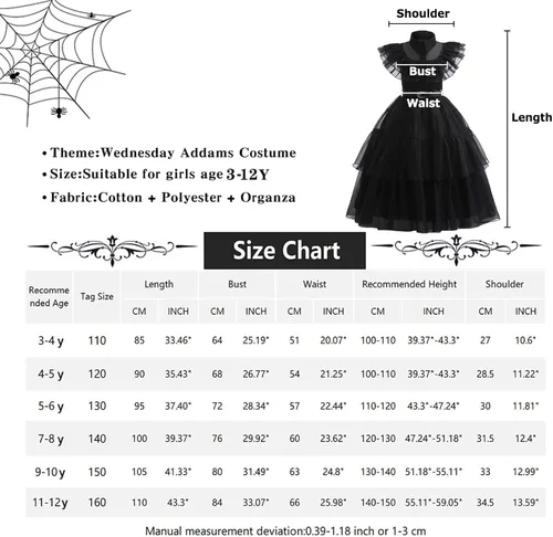 Vista 6 de VALOZENC Wednesday Addams Costume Dress For Girls Kids Cosplay Addams Dress Up Halloween Costume With Wigs Belt 3-12Y