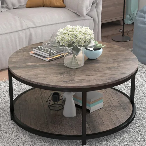 Vista 15 de NSdirect Mesa auxiliar redonda de 32 pulgadas para sala de estar, mesa central de madera maciza de 2 niveles para decoración del hogar con estante