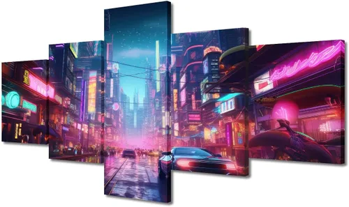 Vista 28 de Póster de 5 paneles en lienzo para decoración de pared, diseño de centro urbano Cyberpunk, impresión moderna, decoración de pared para el hogar