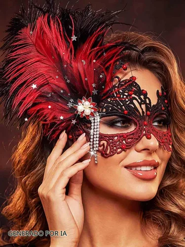 Vista 2 de Urieo Máscara de plumas veneciana de encaje con diamantes de imitación, máscaras de cosplay para mujer