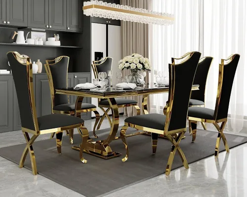 Vista 16 de ACEDÉCOR Juego de mesa de comedor de 5 piezas, mesa de comedor moderna con base en U de metal de acero inoxidable dorado, 4 sillas de comedor