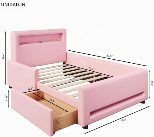 Vista 2 de Base de cama tapizada de tamaño individual con cajón de almacenamiento y cabecera de estante, cama suave de piel sintética con luz LED, carga USB