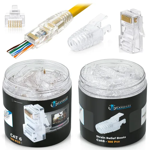 Vista 11 de Everest Media Solutions EMS RJ45 Cat6 - Conectores de paso y botas de alivio de tensión, varios colores, paquete de 50/50 EZ para crimpar enchufe