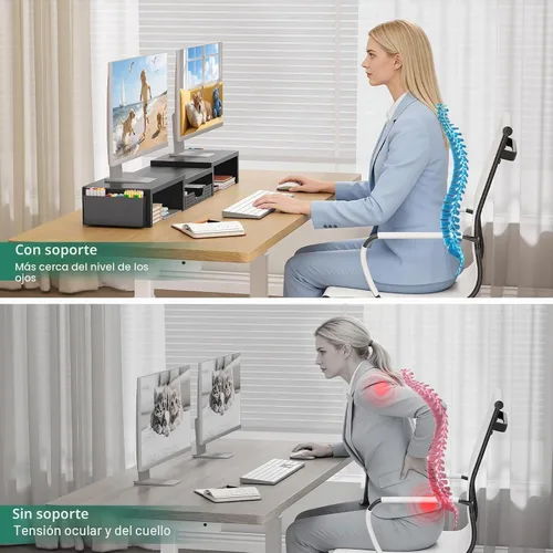 Vista 7 de OPNICE Soporte elevador de monitor doble con cajón y 2 soportes para bolígrafos, organizador de escritorio para suministros de oficina, soporte