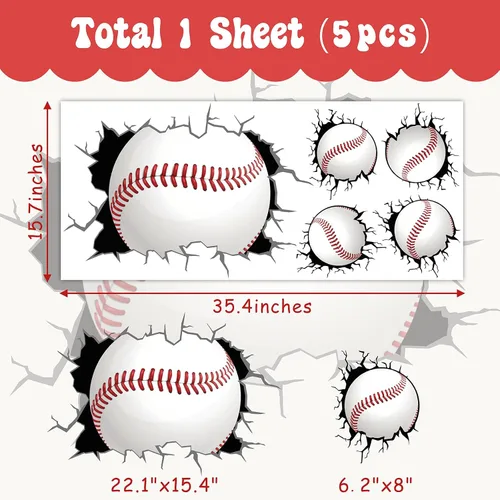 Vista 5 de Calcomanías de pared de béisbol 3D para decoración de dormitorio de Papel tapiz de béisbol, extraíble para despegar y pegar, decoración