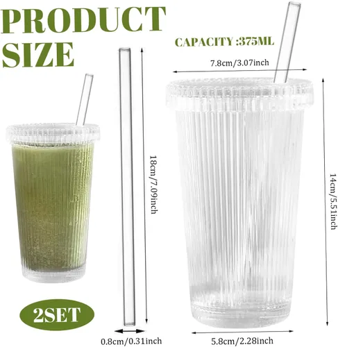 Vista 7 de 2 tazas de vidrio transparente acanalado de 12.7 fl oz con tapas y pajitas, tazas verticales multiusos a rayas para café helado, bebidas, leche