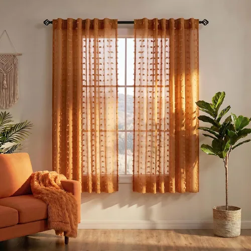 Vista 29 de Cortinas negras KOUFALL de 45 pulgadas de largo para ventana de cocina, cortinas transparentes con pompones y textura de encaje bohemio con bolsillo