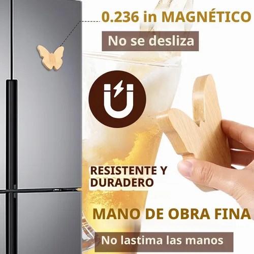 Vista 3 de Vesici 24 piezas de abrebotellas magnético de 6.35 cm DIY en forma de mariposa de bambú, abrebotellas de madera, imán de nevera, adhesivo