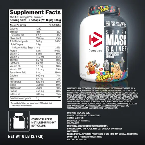 Vista 8 de Dymatize Super Mass Gainer Proteína en Polvo, 1290 Calorías y 52g de Proteína, Se Mezcla Fácilmente, Sabor Delicioso, Guijarros Afrutados, 6 Libras