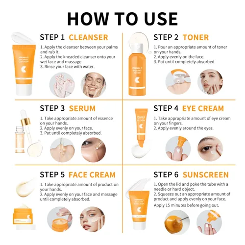 Vista 7 de Baorder Juego de 6 piezas de cuidado de la piel hidratante con vitamina C, kit de cuidado facial que incluye suero, crema facial, crema para ojos
