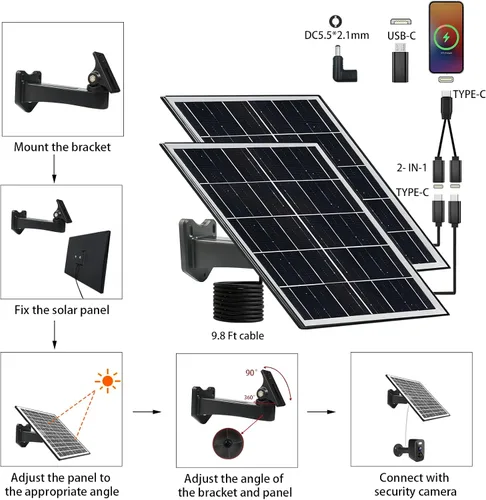 Vista 5 de Panel solar para cámara de seguridad IP65 impermeable USB cargador de panel solar puerto tipo C, puerto micro USB y puerto de CC, saneles solares