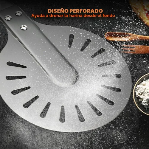 Vista 4 de Pala giratoria de pizza de aluminio perforado de 8 pulgadas con mango de madera, espátula de pizza de longitud ajustable 2 en 1, 48 pulgadas