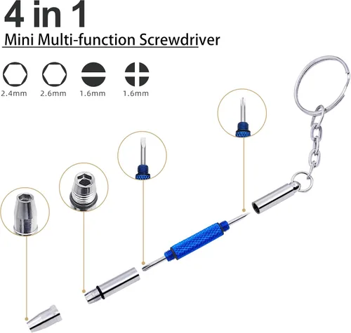 Vista 2 de 4 piezas de mini destornillador para anteojos, kit de destornillador de precisión 4 en 1, juego de reparación de gafas, reloj de sol con llavero