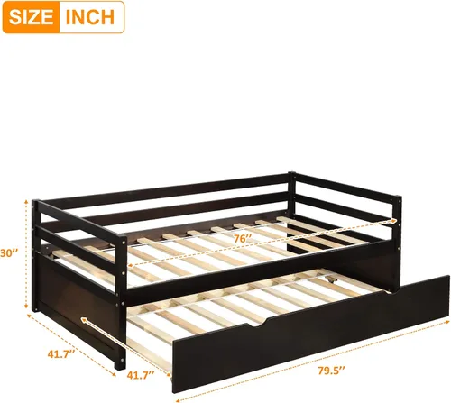 Vista 2 de P PURLOVE Sofá cama de tamaño individual con marco de cama nido, sofá cama de madera para sala de estar, habitación de invitados, dormitorio
