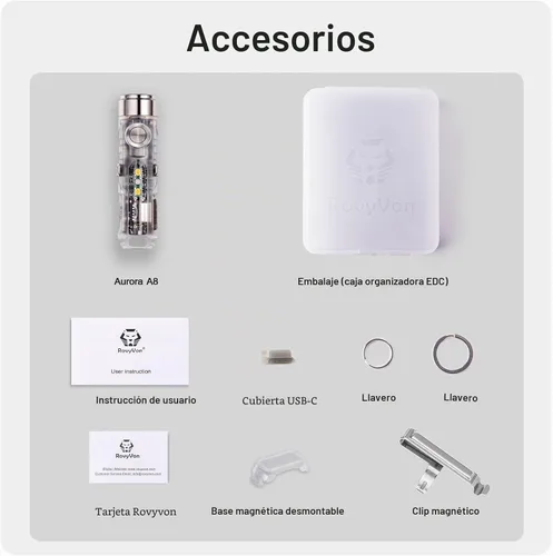 Vista 8 de RovyVon Linterna EDC USB-C Aurora A8 de 4ta generación, LED 6500K máximo 650 lúmenes, luz de llavero de encendido momentáneo con clip/base