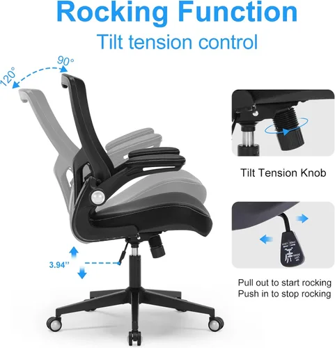 Vista 6 de Silla de oficina ergonómica de escritorio de 350 libras, cómoda silla de computadora de malla con soporte lumbar ajustable, reposabrazos abatibles