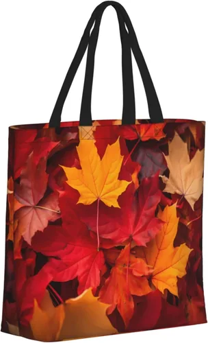 Vista 9 de Bolsa de mano de girasoles negros para mujer, bolsas reutilizables para compras de comestibles con cremallera, bolsa de hombro casual Hojas de otoño