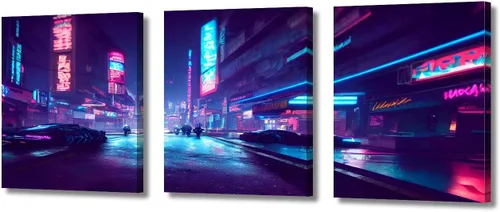 Vista 61 de Cuadros de 3 paneles de Cyberpunk City - Arte de pared de vallas publicitarias de edificios modernos en la capital con obras de arte modernas