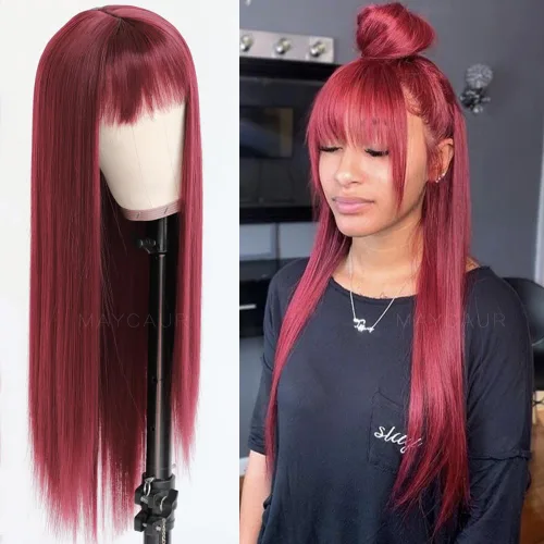 Vista 21 de Maycaur Pelucas de cabello sintético de color rubio con flequillo completo #613, color largo y liso, resistente al calor, pelucas sin encaje