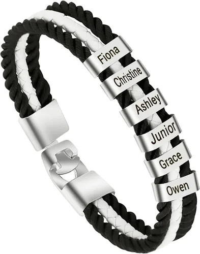 Vista 67 de Pulseras de cuero personalizadas para hombre con 1-6 nombres, pulsera trenzada personalizada con cuentas para papá, marido, día del padre, San