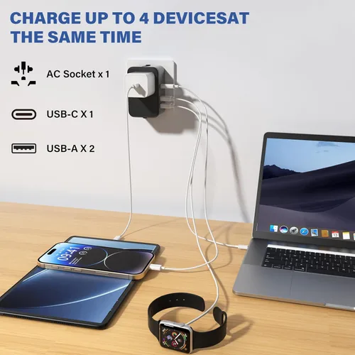 Vista 6 de Adaptador de enchufe de viaje con 2 USB A+1 USB C, adaptador de viaje universal todo en uno, convertidores de corriente, cargador de pared