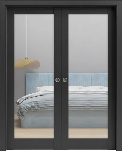 Vista 5 de Lucia 1299 - Puertas plegables plegables para armario corredizo de 2 x 18 x 80 pulgadas, color negro mate con espejo, juego de herrajes de molduras