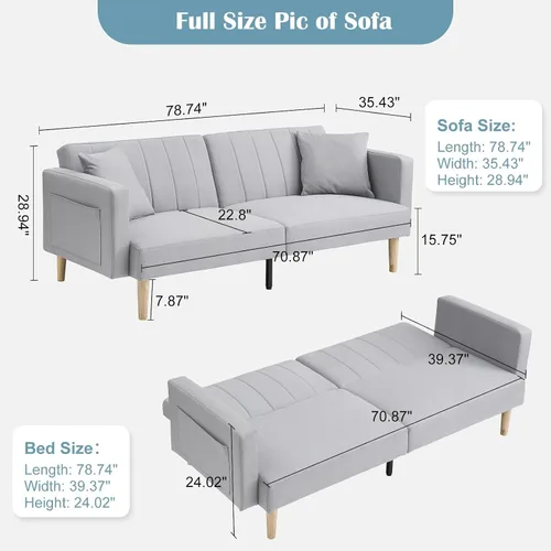 Vista 2 de IDEALHOUSE Sofá cama de lino futón 2024, sofá compacto y elegante para espacios pequeños, sofá doble plegable para sala de estar, dormitorio