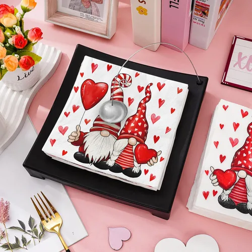 Vista 3 de Paquete de 80 servilletas de papel para el día de San Valentín, diseño de gnomo y corazón, servilletas decorativas, para almuerzo, cena, cumpleaños