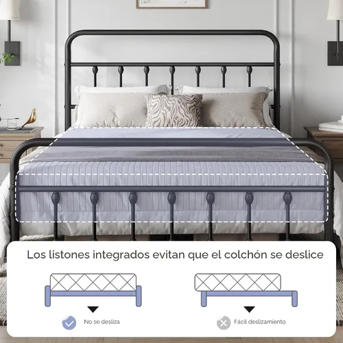 Vista 5 de Yaheetech Marco de cama con plataforma de metal, cabecero y estribo Negro