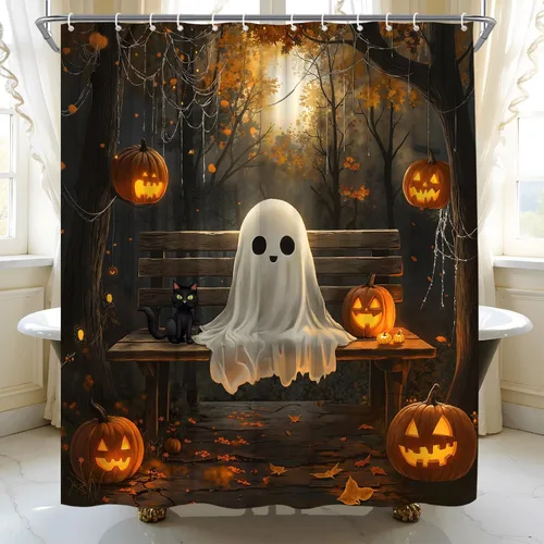 Vista 3 de Cortina de ducha de fantasma de Halloween, espeluznante gato negro, telaraña, bosque de otoño, tela de noche aterradora, decoración de baño, cortina