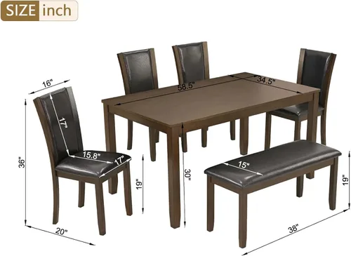 Vista 8 de Juego de mesa de comedor para 6, juego de mesa de comedor de 6 piezas estilo granja con mesa rectangular, 4 sillas tapizadas con respaldo y banco