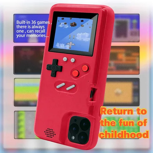 Vista 4 de Funda de consola de juegos para iPhone, funda protectora retro autoalimentada con 36 juegos pequeños, pantalla a todo color, funda de videojuegos