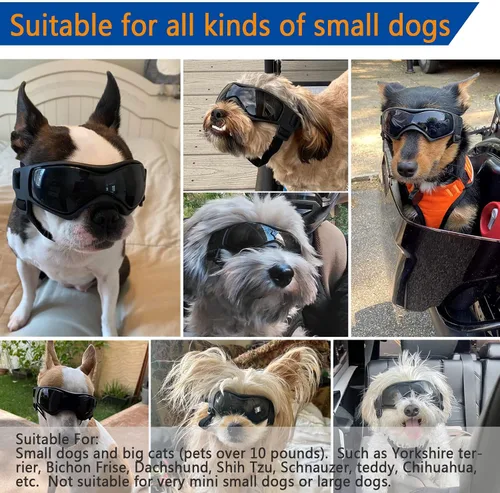 Vista 6 de Gafas de sol para perros pequeños, protección contra los rayos UV, el viento y el polvo con correa ajustable (negro)