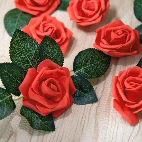 Vista 7 de AUSTOR 200 cabezas de rosas artificiales de espuma a granel, rosas artificiales rojas de 3 pulgadas, cabezas de rosas artificiales para decoración