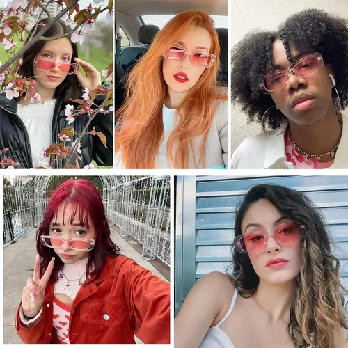 Vista 3 de Tskestvy Paquete de 2 lentes de sol rectangulares cuadrados para mujeres y hombres, Y2K retro a la moda, vintage, de los años 90, bonita estética