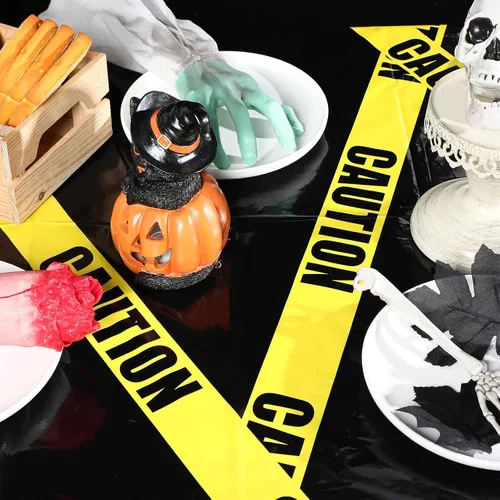 Vista 6 de Irenare 3 piezas de suministros de fiesta de cumpleaños de construcción de Halloween, cinta de precaución de plástico desechable, mantel de Negro