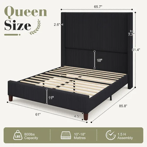 Vista 2 de HOWE - Base de cama tapizada tamaño Queen con cabecera de ala de 61 pulgadas de alto, color negro