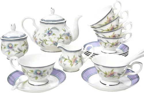 Vista 10 de Juego de té de porcelana de hueso, juego de té de porcelana de 21 piezas para adultos, tazas de té y platillos para 6, con tetera, cucharas, Azul