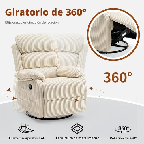 Vista 3 de Silla mecedora reclinable de 360° para adultos, silla reclinable para cuarto de bebé con bolsillo lateral, un cómodo sillón de sofá individual