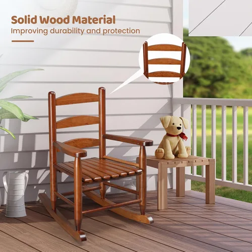 Vista 6 de JOYMOR Silla mecedora de madera para exteriores para niños con respaldo alto, balancín para niños resistente al clima, silla mecedora de patio