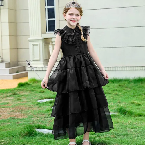 Vista 2 de Disfraz de Miércoles para Niñas Accesorios de Disfraz para Niñas Miércoles Guantes Tiara Corona Collar Varita Aretes Pulsera Anillo Niños Halloween