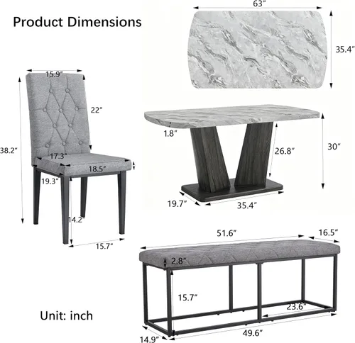 Vista 5 de Juego de mesa de comedor para 6, juego de mesa de comedor de mármol para 6, juego de 6 sillas de mesa de cocina con base de madera, juego de mesa