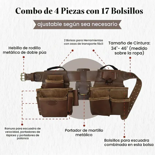 Vista 3 de Style n Craft Combo de cinturón de herramientas de cuero para enmarcar – Juego de 4 piezas para hombres – Cuero de grano completo con 17 bolsillos