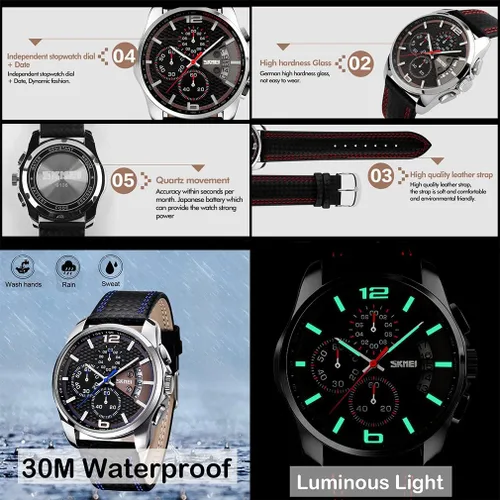 Vista 4 de SKMEI Men Watches Black Leather Band Sports Large Big Face Luxury Waterproof Luminous Fashion Dress Casual Analog Quartz Chronograph Father Gifts