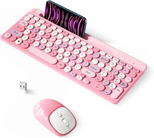 Vista 8 de Combo de teclado y mouse inalámbricos estilo máquina de escribir retro con teclas redondas, teclado inalámbrico USB compacto de 2.4GHz bonito