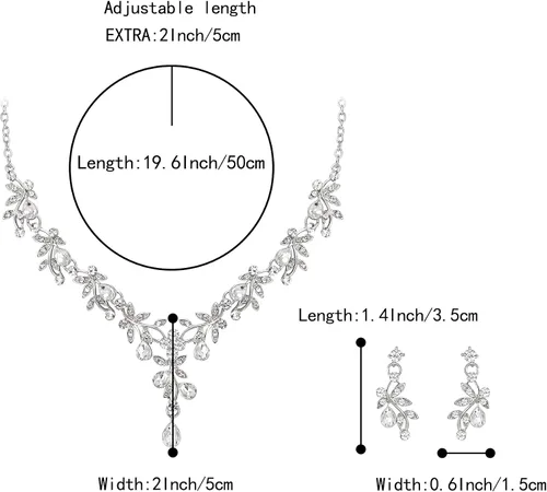 Vista 5 de BriLove Juego de joyas de boda para mujer, novia, collar en Y, juego de aretes colgantes de cristal, lágrima, hojas, flores, joyería para dama