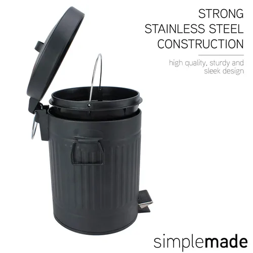 Vista 3 de SIMPLEMADE Cubo de basura redondo con pedal, acero inoxidable con tapa, pequeño cesto de metal/cubo de basura para baño, oficina, negro, 5 litros