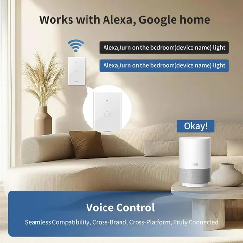 Vista 4 de Interruptor de luz de pared táctil inteligente con Matter, panel de vidrio templado, requiere cable neutro, unipolar, Wi-Fi de 2.4 GHz, control por